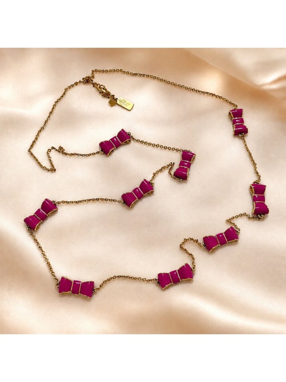 Kate Spade Take a Bow Baja Bow Purple Gold tone Enamel Necklace 32"